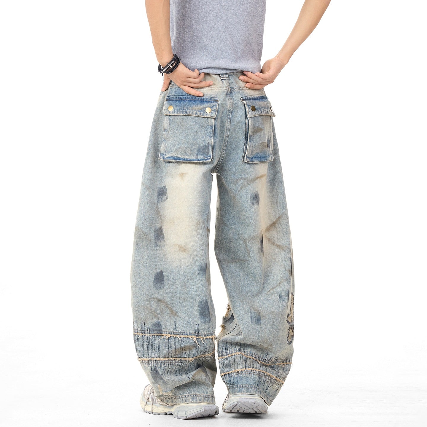 Distressed Embroidery Wide Leg Jeans