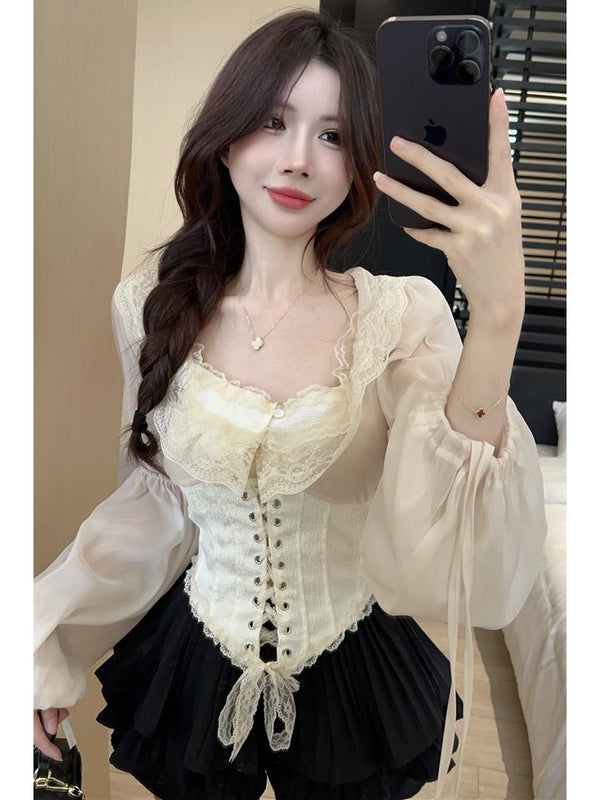 Blusa francesa de estilo cortesano con cordones para mujer