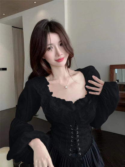 Blusa francesa de estilo cortesano con cordones para mujer
