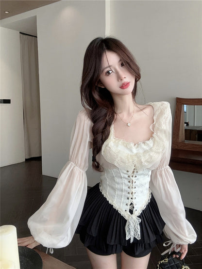 Blusa francesa de estilo cortesano con cordones para mujer