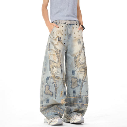 Distressed Embroidery Wide Leg Jeans